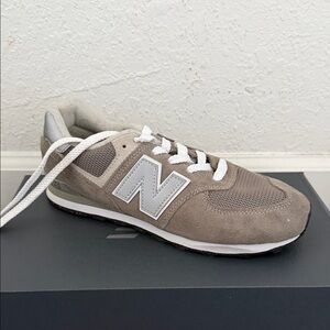 New Balance Big Kids Suede & Mesh Sneaker — Taupe and Light Gray
